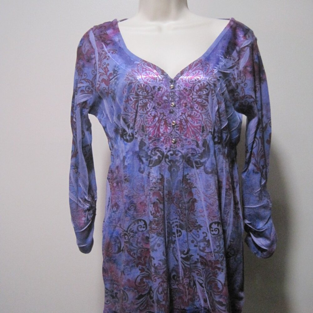 Energe World Wear Womens Shirt Medium Purple Print V Neck Long Sleeve Studded - Picture 1 of 7